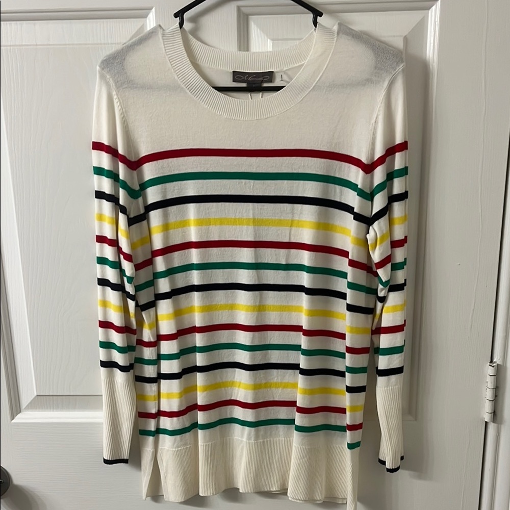 White and Red Crew Neck Striped Sweater
